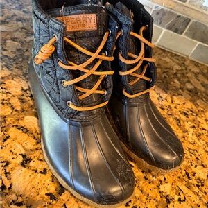 Sperry Black Quilted Duck Boots with Tan Laces